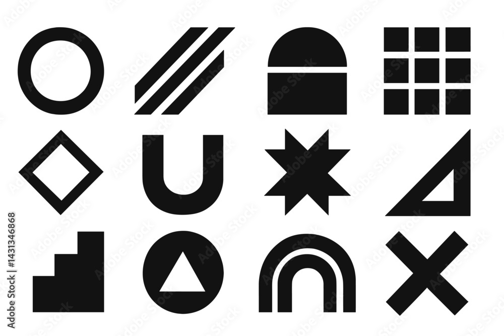 Aufkleber Black and white icon set featuring various geometric shapes and patterns for design use and creative projects