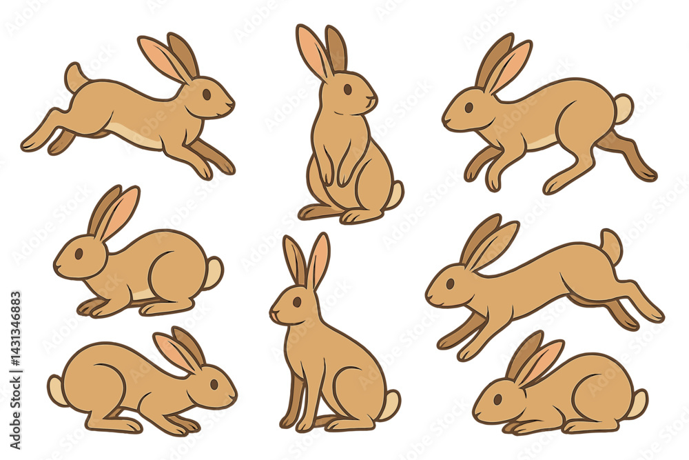 Poster Various poses of rabbits captured in a playful and lively icon set illustrating their movement and behavior