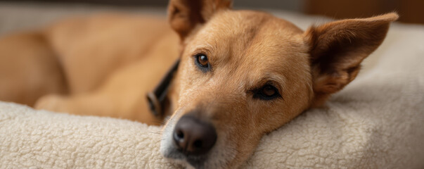 relaxed dog with hemp collar rests on soft bed