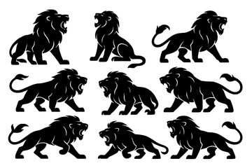 Icon set showcasing various lion silhouettes in dynamic poses emphasizing strength and majesty
