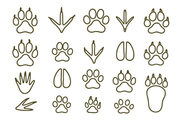 Diverse collection of animal tracks and paw prints in a simple icon set for educational use