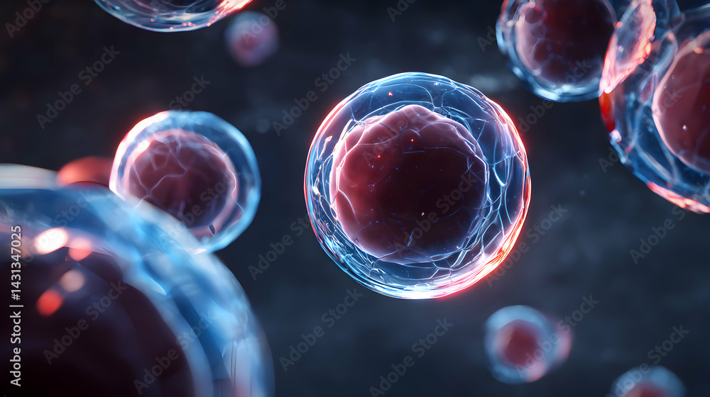 Poster microscopic plasma cells floating with transparent membrane and internal structures showing biologic