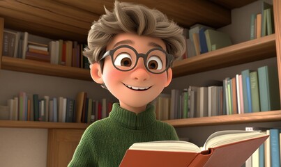 Boy reading book in cozy library, surrounded by bookshelves.  Educational use