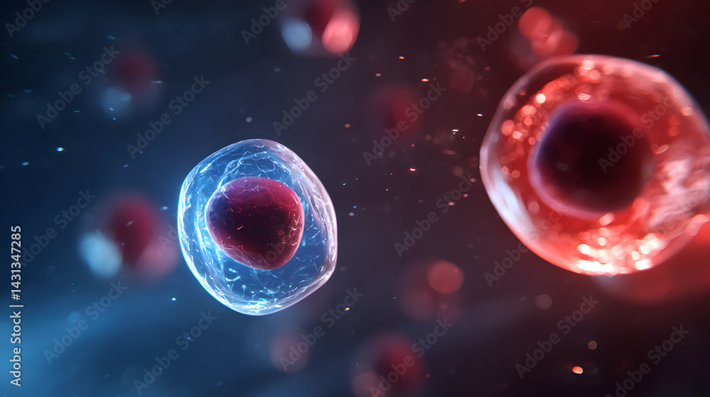 Poster stylized rendering showcases floating plasma cells, bathed in translucent light, highlighting micros