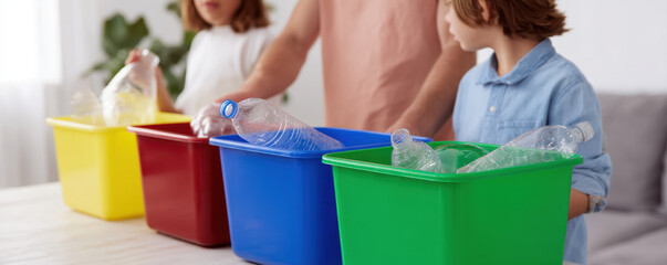 Family sorting recyclables at home with labeled bins