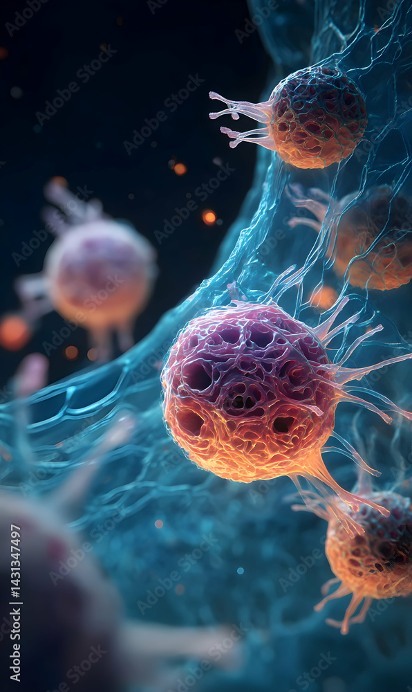 Poster intricate microscopic vision showcases a cluster of immune cells in a dynamic cellular network