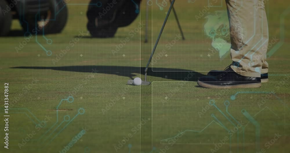 Poster golfer aligning putter head behind ball on green while showing flat design circuit grid overlays