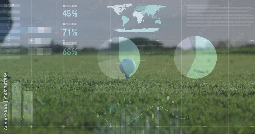 Poster ground-level shot showing golf ball on tee in tech analytics, displaying floating charts and map