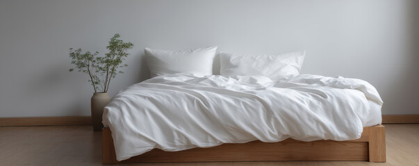 Minimalist bedroom with organic cotton bedding and calming atmosphere