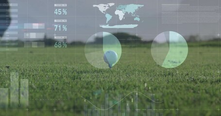 Ground-level shot showing golf ball on tee in tech analytics, displaying floating charts and map - Powered by Adobe