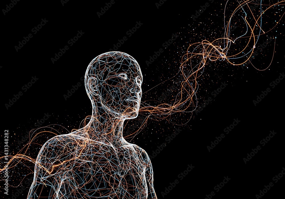 Poster a digital representation of the human form, constructed from intricate lines and patterns. it symbol