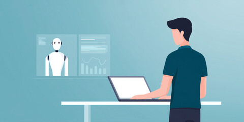 Person interacting with a laptop displaying artificial intelligence interface and data analytics, technology concept