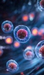 Naklejka premium Floating transparent plasma cells reveal intricate details within a stylized biological environment