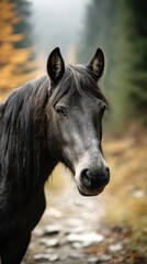 Obraz premium Majestic black horse stands gracefully in a forest trail surrounded by autumn foliage in the early morning light