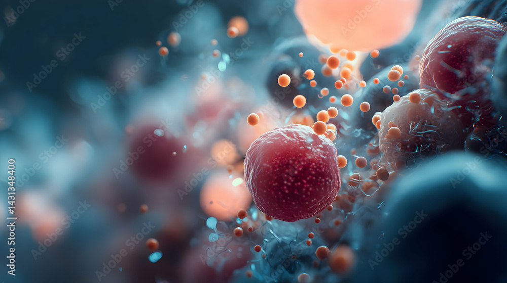 Poster an intricate depiction of biological processes showing cells interacting and nanoparticles flowing a
