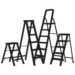 Collection of metal ladders. Different types of stepladders. Flat Vector Black silhouettes. with white background