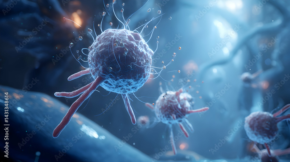 Poster intricate microscopic life forms interact in a stunning visual depiction of cell interaction and vit