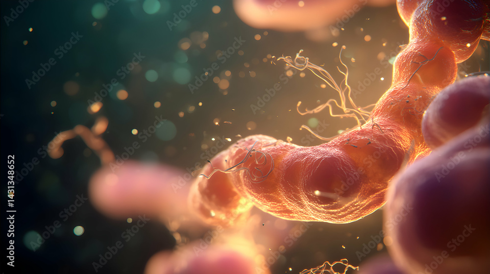 Poster intricate depiction of cellular structure displaying biological processes under magnification lens
