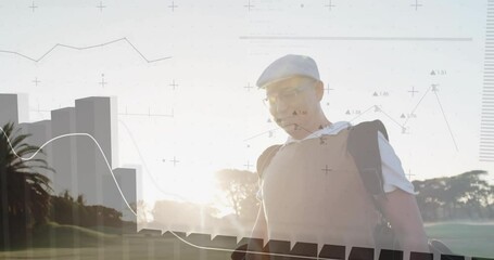 Mature male standing on golf fairway presenting business charts via floating data overlays - Powered by Adobe