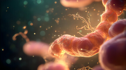 Intricate depiction of cellular structure displaying biological processes under magnification lens