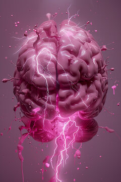 Pink brain exploding with vibrant energy, lightning striking through its core.