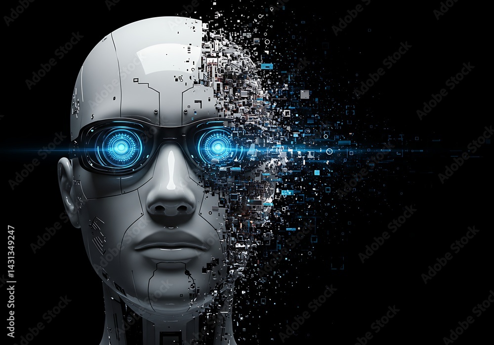 Poster robot head dissolving into digital particles, futuristic concept