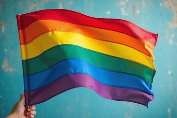 Obraz premium Rainbow flag waving symbolizing pride and inclusivity against a vibrant blue background in an artistic space