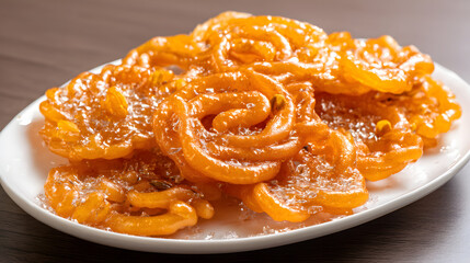 Delicious Jalebi Made from Wheat Flour, Deep Fried Batter, and Soaked in Sugar Syrup on Plate