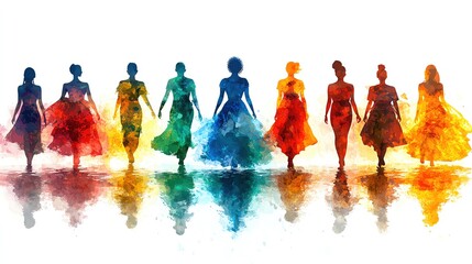 Colorful silhouettes of women in flowing dresses.