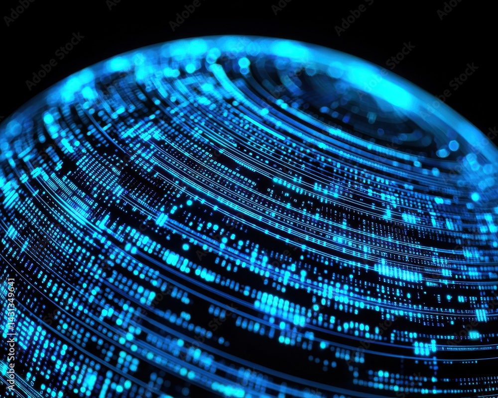 Poster a vibrant, abstract representation of a digital globe, showcasing glowing blue lines and data patter