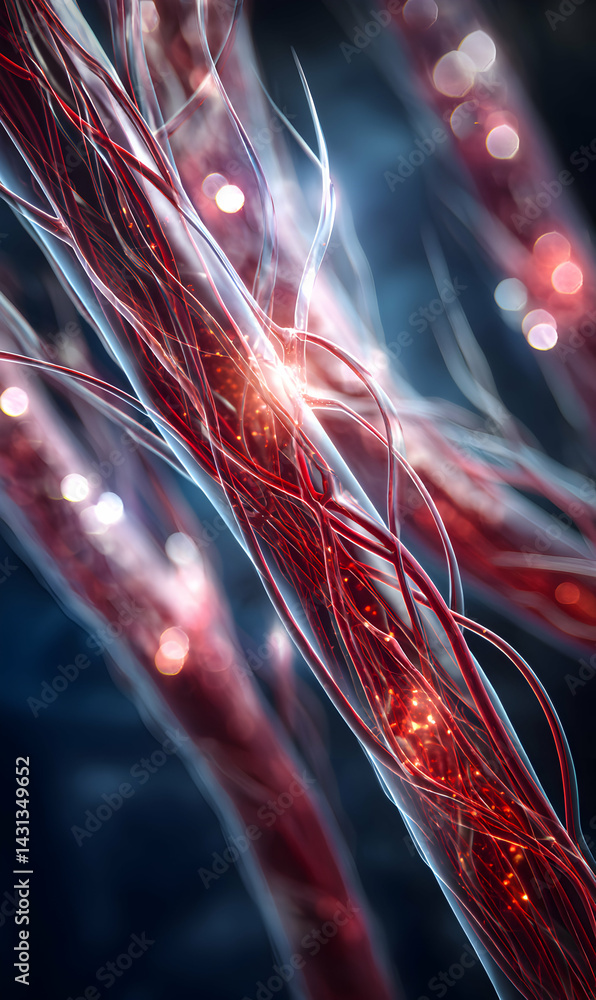 Poster vibrant microscopic view unveils dynamic blood flow within a network of capillaries and vessels