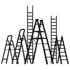 Collection of metal ladders. Different types of stepladders. Flat Vector Black silhouettes. with white background