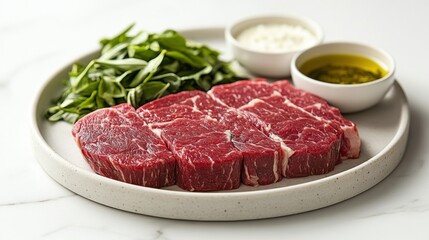 Fresh steak with herbs and sauces