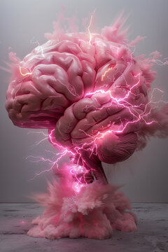 Pink brain exploding with vibrant pink lightning, surreal artistic rendering.