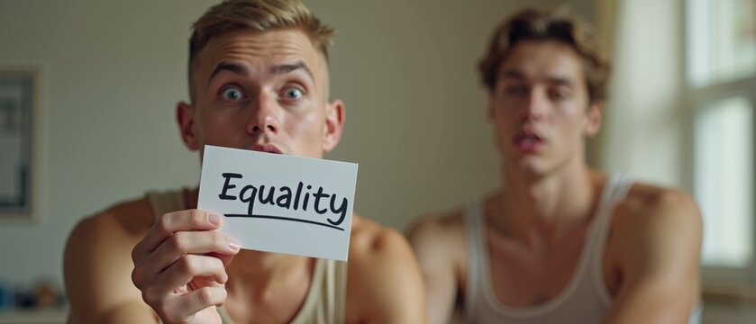 Young men holding equality sign in intimate indoor setting discussing important social issues and promoting awareness