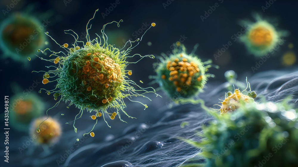 Poster a vivid depiction of immune cells attacking pathogens showing cellular activity at a microscopic lev