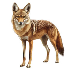 Obraz premium Coyote Stance: A photorealistic illustration of a coyote stands poised, its sharp gaze fixed forward. The coyote's distinctive fur and body details are highlighted, evoking the wildness of nature.