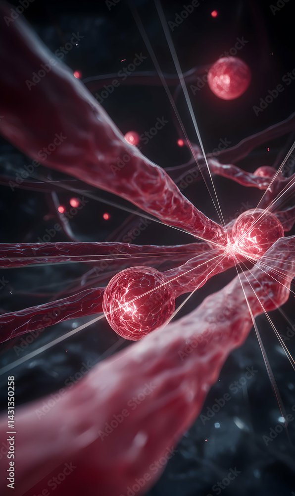 Poster intricate network with luminous spheres amidst capillaries showcasing an amplified view of blood flo