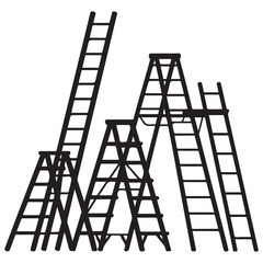 Collection of metal ladders. Different types of stepladders. Flat Vector Black silhouettes. with white background