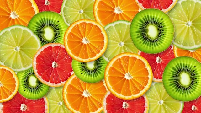 Vibrant Assortment of Colorful Fruit Slices Including Kiwi and Citrus