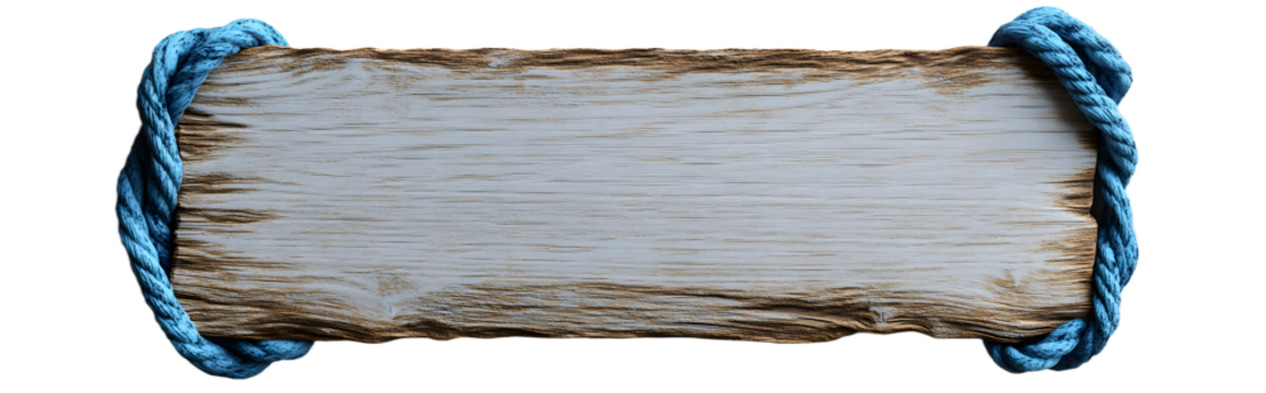 realistic photograph of a blank, wooden beach sign with edges wrapped in blue rope floating on a solid grey background