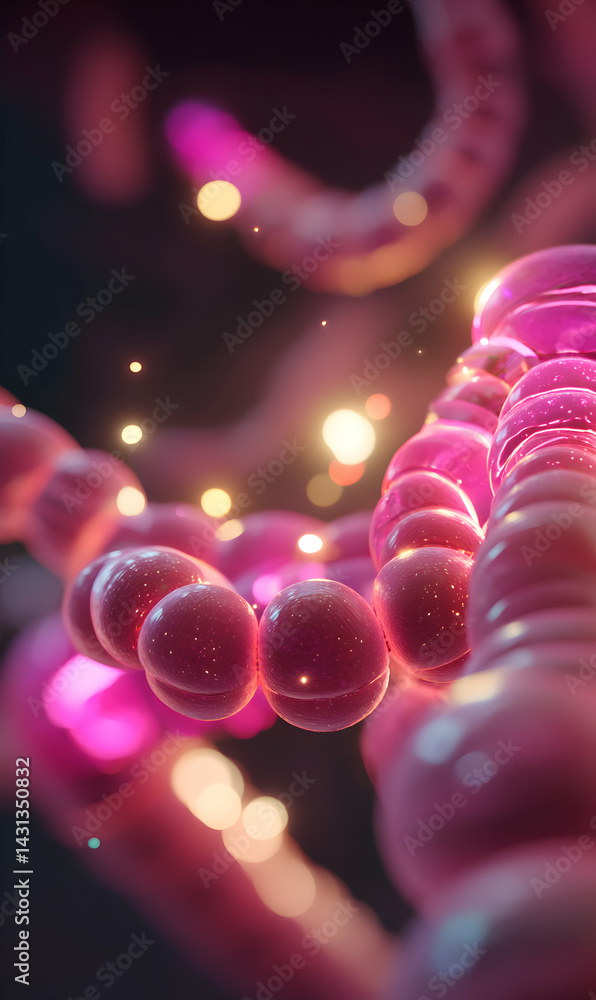 Poster complex biological network with interconnected cellular structures and vibrant luminous particles