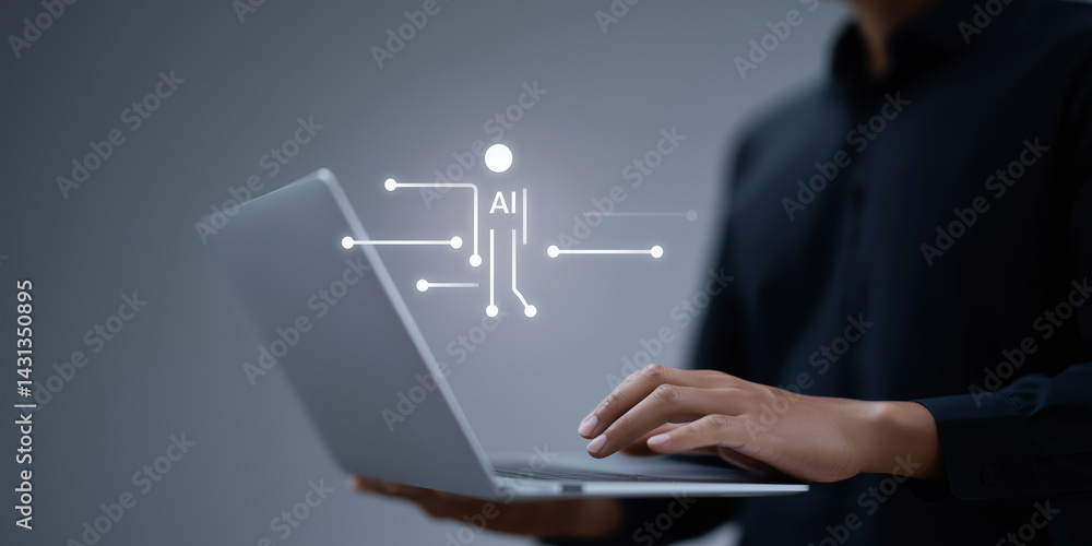 Poster innovative technology concept showcasing artificial intelligence integration with a laptop and digit