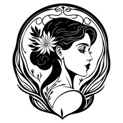 Elegant monochrome illustration of a woman's profile surrounded by floral elements