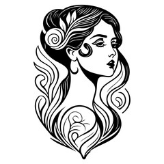 Elegant stylized portrait of a woman adorned with floral accents in black and white