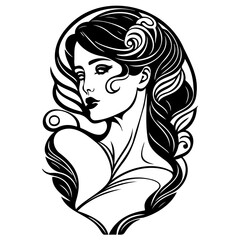 Elegant Woman Portrait with Swirling Hairstyle in Black and White Illustration