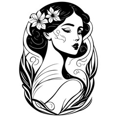 Elegant monochrome portrait of a woman adorned with floral and foliate embellishments