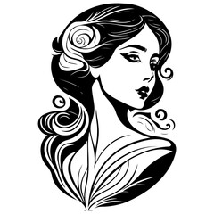 Elegant Monochrome Portrait of a Woman with Flowing Hair and Floral Adornments