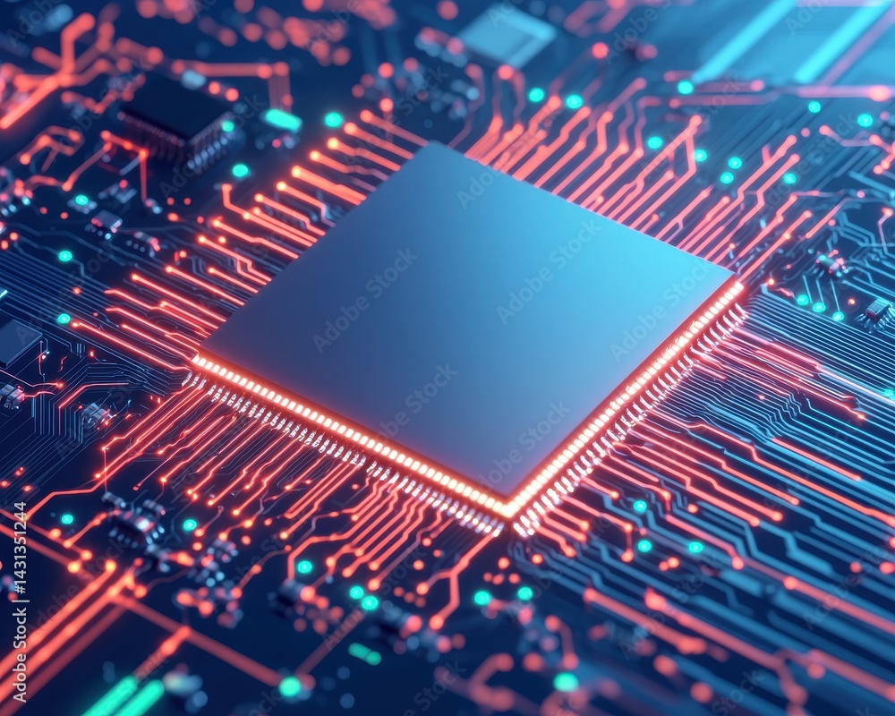 Poster a close-up of a computer chip with intricate circuitry, glowing lines, and a modern style, showcasin