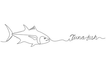 Continuous line art drawing of a tuna fish. Tuna fish outline vector.